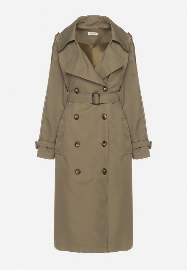 Born2be - Zielony Dwurzędowy Płaszcz Trencz o Oversizowym Kroju z Paskiem Inathara. Okazja: na co dzień, na spacer, do pracy. Kolor: zielony. Materiał: jeans. Wzór: aplikacja. Styl: casual, klasyczny