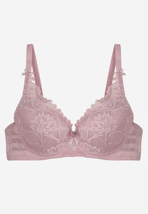 Born2be - Fioletowy Biustonosz Koronkowy z Kokardkami Themikaia. Kolor: fioletowy. Materiał: koronka