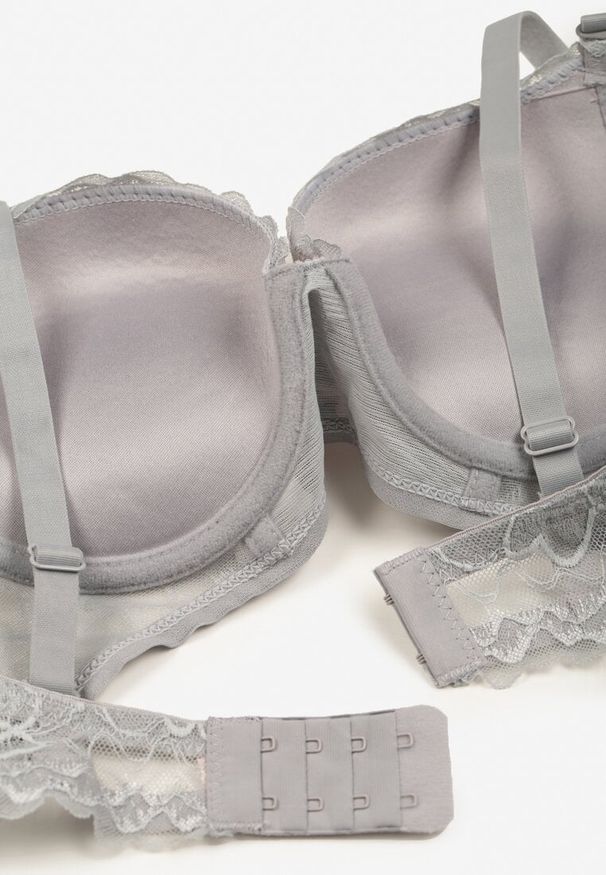 Born2be - Szary Biustonosz Push Up Ozdobiony Koronką Neavia. Kolor: szary. Materiał: koronka. Rodzaj stanika: push-up. Wzór: aplikacja, koronka