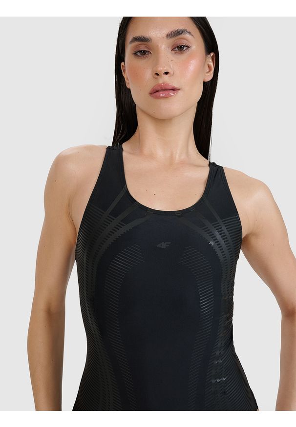 4f - 4F Kostium kąpielowy jednoczęściowy damski - czarny L. Kolor: czarny. Materiał: włókno, materiał, elastan, syntetyk