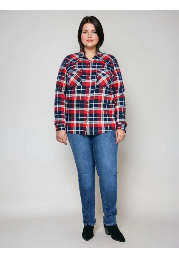 Big-Star - Koszula damska flanelowa z kratę czerwono-granatowa Hiri 603. Okazja: na co dzień. Kolor: czerwony. Wzór: kratka. Styl: casual, elegancki