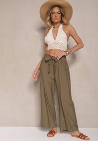Renee - Ciemnozielone Spodnie z Wiskozy o Szerokim Kroju z Kokardą Ellioria. Okazja: na co dzień, na spacer. Kolor: zielony. Materiał: wiskoza. Styl: elegancki, casual