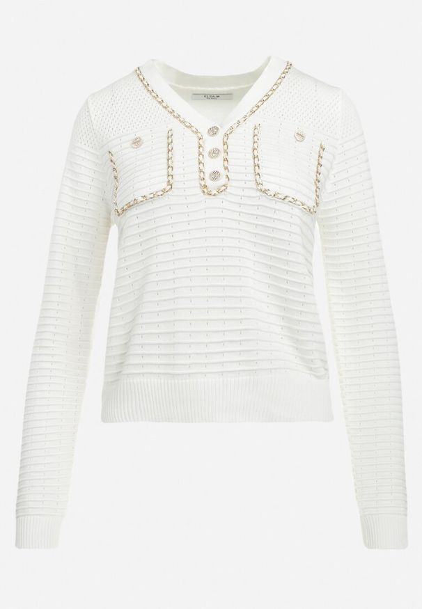 Born2be - Biały Sweter w Stylu Retro z Ozdobnym Łańcuszkiem Elioraca. Kolor: biały. Materiał: materiał. Sezon: zima. Styl: retro