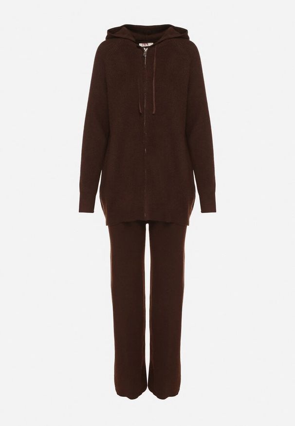 Born2be - Brązowy Komplet Dzianinowy z Wełną Bluza z Kapturem i Szerokie Spodnie Otisela. Kolor: brązowy. Materiał: dzianina, wełna