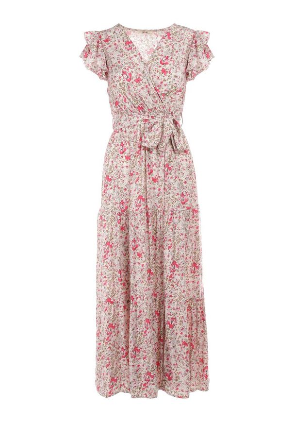 Born2be - Beżowo-Czerwona Sukienka Rhenosyne. Okazja: na co dzień. Kolor: beżowy. Materiał: materiał. Wzór: kwiaty, kolorowy. Sezon: lato. Typ sukienki: rozkloszowane, kopertowe. Styl: casual. Długość: maxi