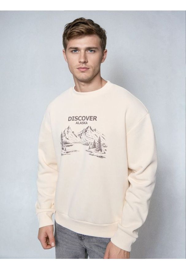 Sinsay - Bluza crewneck z nadrukiem - beżowy. Kolor: beżowy. Wzór: nadruk