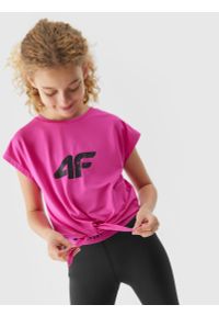 4f - Koszulka sportowa z wiązaniem dziewczęca. Kolor: różowy. Materiał: włókno, skóra. Wzór: nadruk. Styl: sportowy #1