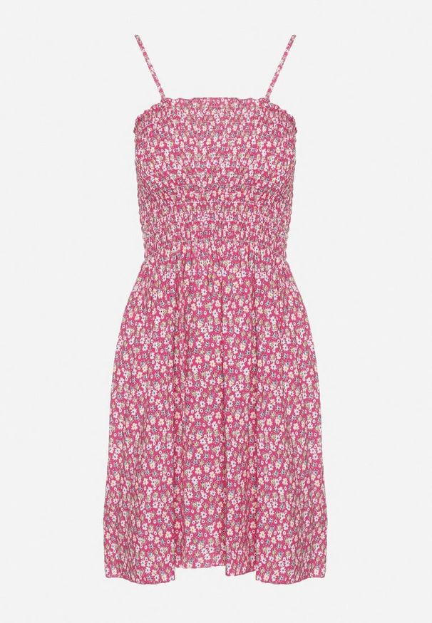 Born2be - Fuksjowa Bawełniana Sukienka na Regulowanych Ramiączkach z Elastycznym Dekoltem Risetta. Kolor: różowy. Materiał: bawełna. Długość rękawa: na ramiączkach. Wzór: kwiaty. Sezon: wiosna, lato