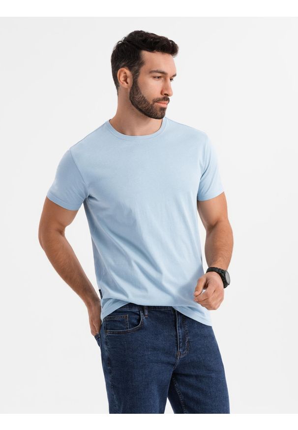 Ombre Clothing - T-shirt męski klasyczny bawełniany BASIC - jasnoniebieski V19 - Rozmiar: L. Okazja: na co dzień. Kolor: niebieski. Materiał: bawełna. Styl: klasyczny