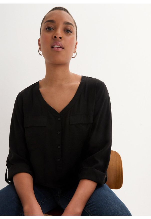 bonprix - Bluzka z wiskozy z dekoltem w serek, długi rękaw. Typ kołnierza: dekolt w serek. Kolor: czarny. Materiał: wiskoza. Długość rękawa: długi rękaw. Długość: długie