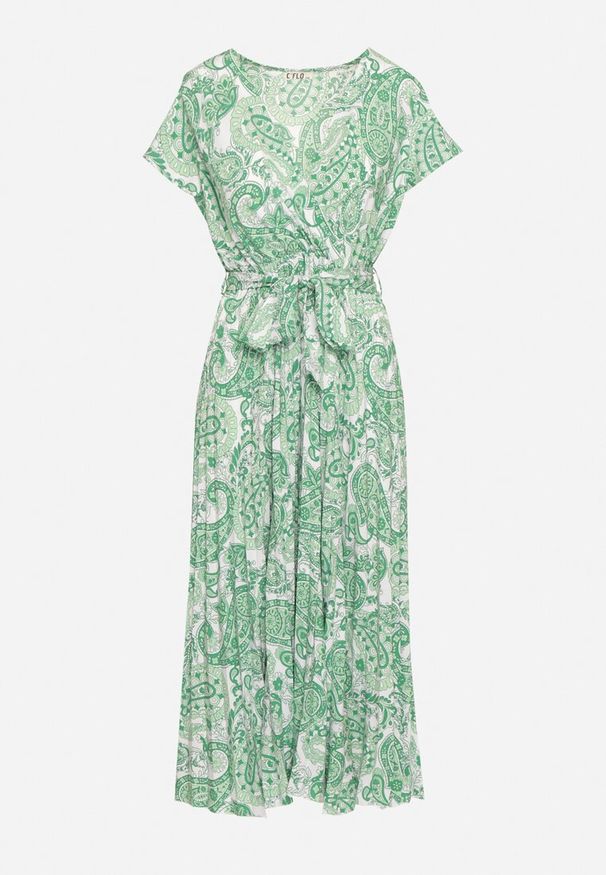 Born2be - Zielona Sukienka z Kopertowym Dekoltem z Gumką w Talii i Materiałowym Paskiem Xelovia. Okazja: na co dzień. Kolor: zielony. Materiał: materiał. Typ sukienki: kopertowe. Styl: casual, elegancki