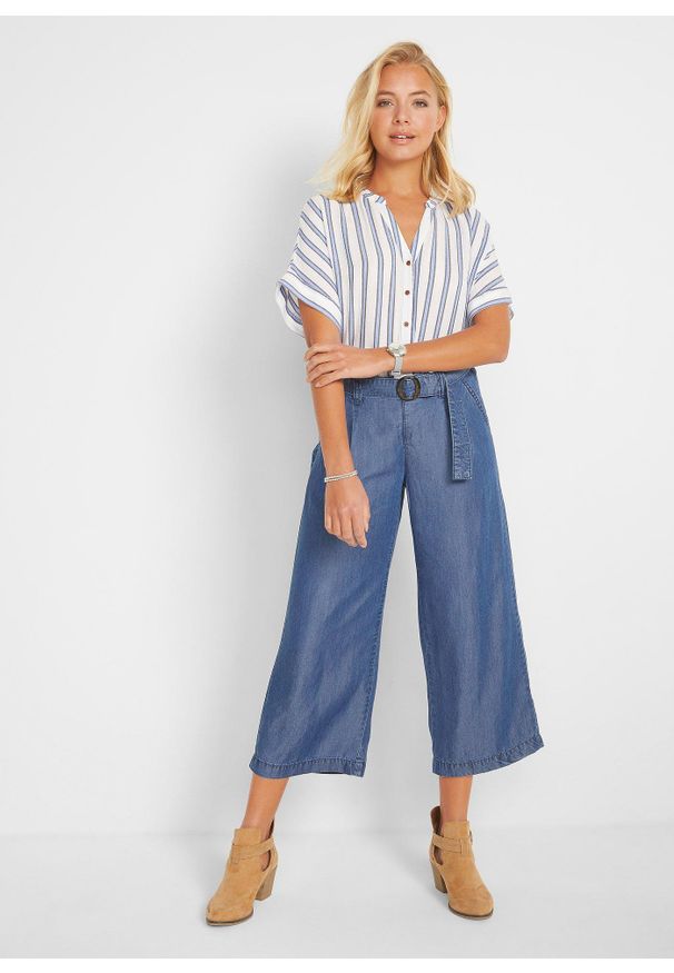 bonprix - Bluzka kreszowana z lejącej wiskozy. Kolor: niebieski. Materiał: wiskoza. Długość rękawa: krótki rękaw. Długość: krótkie. Wzór: paski