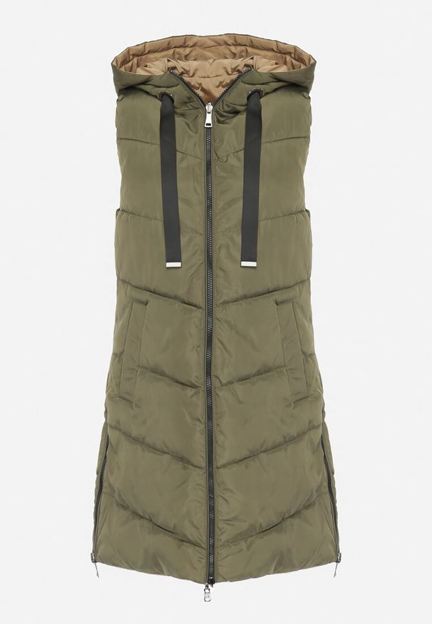 Born2be - Ciemnozielona Pikowana Kamizelka Dwustronna z Kapturem i Sznurkami Leorani. Okazja: na spacer, na co dzień. Typ kołnierza: kaptur. Kolor: zielony. Materiał: jeans. Styl: casual, sportowy