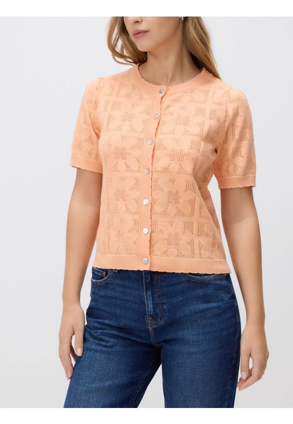 Reserved - Ażurowy kardigan - jasnopomarańczowy. Kolor: pomarańczowy. Materiał: dzianina, bawełna. Wzór: ażurowy