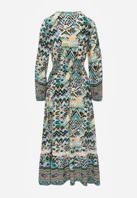 Born2be - Zielona Sukienka z Gumką w Talii w Etno Wzór Tilfa. Okazja: na co dzień. Kolor: zielony. Długość rękawa: długi rękaw. Typ sukienki: proste. Styl: etno #7