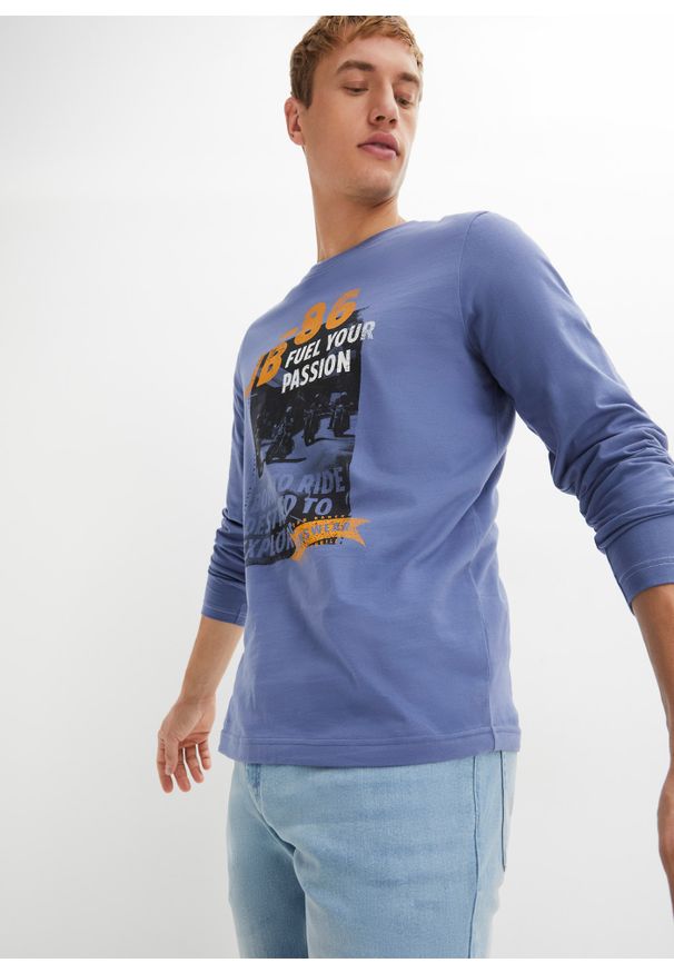 bonprix - Shirt z długim rękawem, z bawełny organicznej. Kolor: niebieski. Materiał: bawełna. Długość rękawa: długi rękaw. Długość: długie. Wzór: nadruk
