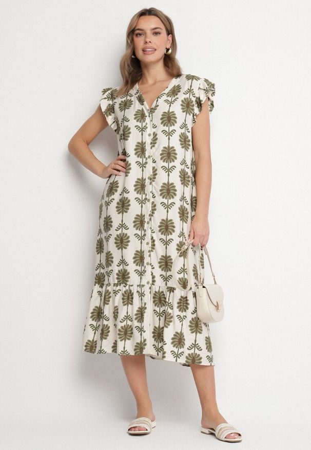 Born2be - Biało-Zielona Kwiatowa Sukienka z Bawełną i Falbanką Efanelia. Okazja: na spacer, na imprezę. Typ kołnierza: dekolt w serek. Kolor: beżowy. Materiał: bawełna. Wzór: kwiaty. Sezon: wiosna, lato. Typ sukienki: proste. Styl: elegancki