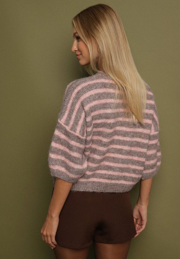 Born2be - Brązowy Sweter z Wełną i Bufiastymi Rękawami w Paski Kaonne. Okazja: na co dzień. Kolor: brązowy. Materiał: wełna. Wzór: paski. Styl: casual, elegancki
