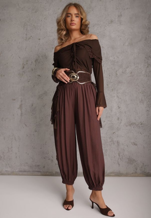 Renee - Brązowe Spodnie High Waist o Kroju Balloon Mezesha. Okazja: na co dzień. Stan: podwyższony. Kolor: brązowy. Długość: krótkie. Styl: boho, casual