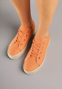 Renee - Pomarańczowe Trampki Ozdobione Plecionką Filatera. Okazja: na co dzień. Kolor: pomarańczowy. Materiał: jeans, materiał. Wzór: aplikacja. Obcas: na platformie. Styl: casual, elegancki #6