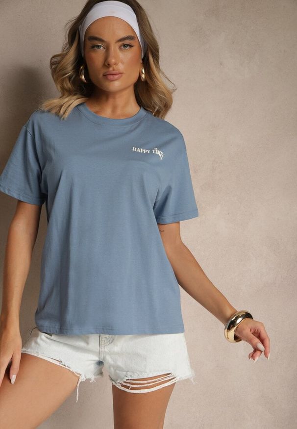 Renee - Niebieski T-shirt z Bawełny o Kroju Oversize Fillinea. Okazja: na co dzień. Kolor: niebieski. Materiał: bawełna. Wzór: aplikacja, napisy. Styl: klasyczny, casual