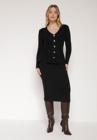 Born2be - Czarny Elegancki Komplet z Dzianiny z Wiskozą Kardigan i Spódnica Uneva. Kolor: czarny. Materiał: dzianina, wiskoza #1