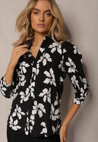 Renee - Czarno-Biała Wiskozowa Koszula w Kwiaty z Podpinanymi Rękawami 3/4 Siasse. Okazja: na co dzień. Kolor: czarny. Materiał: wiskoza. Wzór: kwiaty. Styl: casual #3