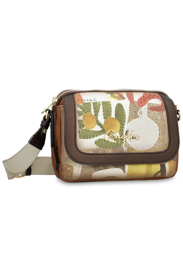 Brązowa Torebka Anekke Stylowa Listonoszka Damska. Kolor: brązowy. Wzór: aplikacja, haft. Dodatki: z haftem. Materiał: zdobione. Styl: elegancki