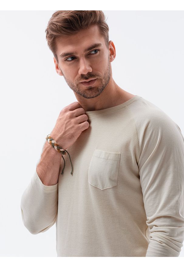 Ombre Clothing - Longsleeve męski z kieszonką - ecru V2 - Rozmiar: XXL. Okazja: na co dzień. Materiał: bawełna. Długość rękawa: długi rękaw. Styl: casual, klasyczny, sportowy