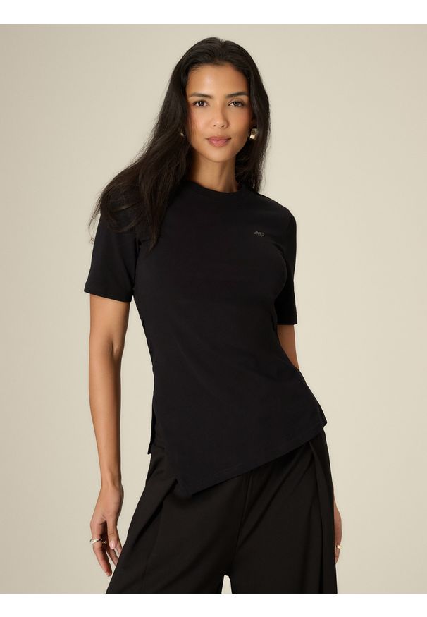 4f - 4F T-shirt regular gładki damski - czarny S. Okazja: na co dzień. Kolor: czarny. Materiał: dzianina, materiał, bawełna. Wzór: gładki. Styl: casual, klasyczny