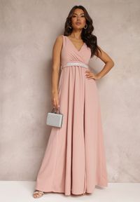 Renee - Różowa Rozkloszowana Sukienka z Wycięciem i Paskiem w Cyrkonie Elineta. Kolor: różowy. Materiał: materiał. Styl: elegancki #3