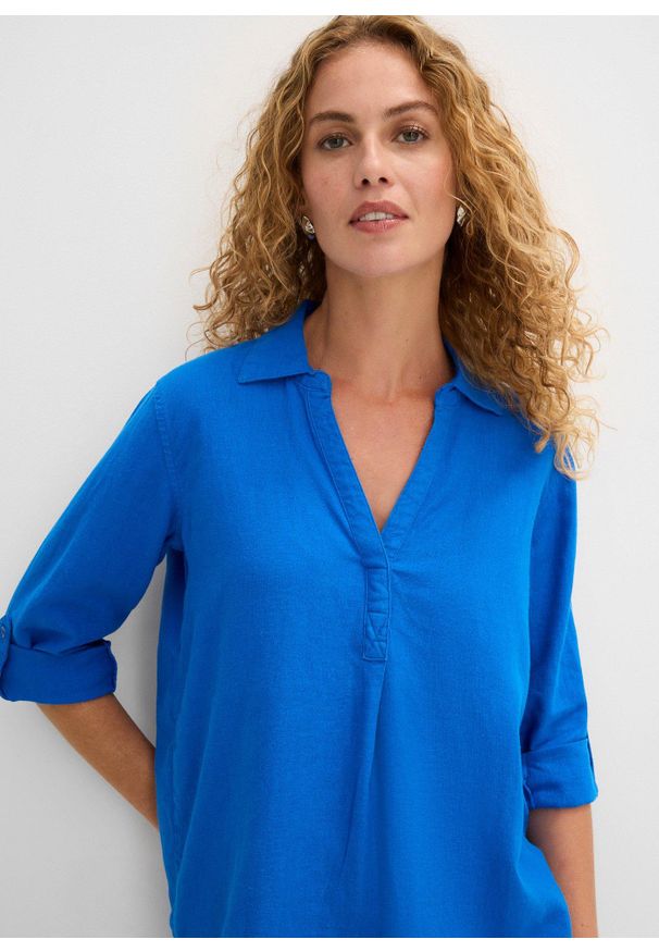 bonprix - Bluzka lniana, rękawy 3/4. Kolor: niebieski. Materiał: len