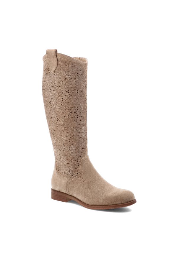Kozaki damskie S.Barski, cholewka z materiału zapinane na suwak elegancki fason w stylu boho, beżowe, HY61-8022. Okazja: na co dzień. Kolor: beżowy. Szerokość cholewki: normalna. Wzór: geometria, ażurowy. Materiał: materiał. Sezon: jesień, lato, zima. Obcas: na obcasie. Styl: elegancki, boho. Wysokość obcasa: niski