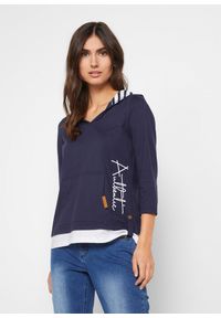 bonprix - Bluza z kapturem z czystej bawełny, rękawy 3/4. Typ kołnierza: kaptur. Kolor: niebieski. Materiał: bawełna #1