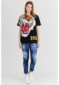 DSQUARED2 Czarny t-shirt damski z tygrysem, Rozmiar L. Kolor: czarny. Materiał: bawełna, prążkowany. Wzór: nadruk #2