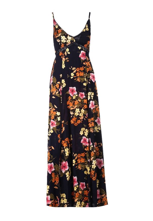 Born2be - Granatowa Sukienka Eirevianna. Kolor: niebieski. Materiał: koronka. Długość rękawa: na ramiączkach. Wzór: kwiaty