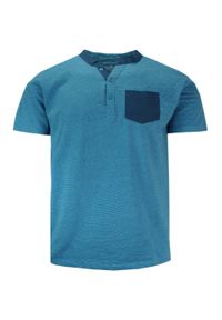 Pako Jeans - T-shirt Bawełniany z Guzikami przy Kołnierzyku, Niebieski z Kieszonką, Krótki Rękaw -PAKO JEANS. Okazja: na co dzień. Kolor: niebieski. Materiał: bawełna. Długość rękawa: krótki rękaw. Długość: krótkie. Wzór: nadruk. Styl: casual #1