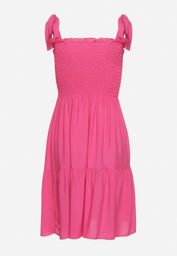 Born2be - Fuksjowa Rozkloszowana Sukienka z Bawełny z Gumką w Talii na Ramiączkach Gelfea. Kolor: różowy. Materiał: bawełna. Długość rękawa: na ramiączkach. Typ sukienki: rozkloszowane. Styl: klasyczny