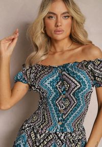 Renee - Zielono-Czarna Elastyczna Sukienka Boho z Hiszpańskim Dekoltem z Bawełny Solphina. Typ kołnierza: dekolt hiszpanka. Kolor: zielony. Materiał: bawełna. Wzór: aplikacja. Styl: boho #4