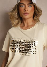 Renee - Beżowy T-shirt z Bawełny z Naszytymi Cekinami Avenelli. Okazja: na co dzień. Kolor: beżowy. Materiał: bawełna. Wzór: aplikacja. Styl: klasyczny, elegancki, casual #4