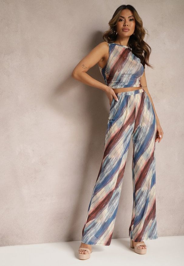 Renee - Granatowo-Beżowe Siateczkowe Spodnie Szerokie High Waist Mandiore. Okazja: na co dzień. Stan: podwyższony. Kolor: niebieski. Styl: casual, elegancki