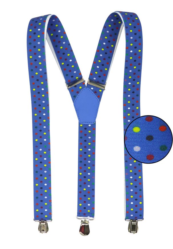 Modini - Niebieskie szelki w kolorowe kropki unisex X29. Kolor: niebieski. Materiał: skóra, guma. Wzór: kolorowy, kropki