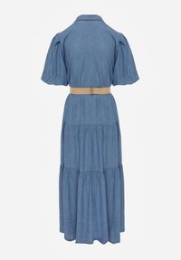 Renee - Jasnoniebieska Koszulowa Sukienka z Wiskozą Paskiem z Plecionki i Bufkami Nedara. Okazja: na co dzień. Kolor: niebieski. Materiał: wiskoza. Typ sukienki: koszulowe. Styl: casual #7