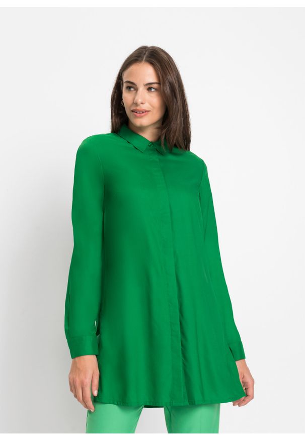 bonprix - Długa bluzka z rozcięciem. Kolor: zielony. Długość: długie