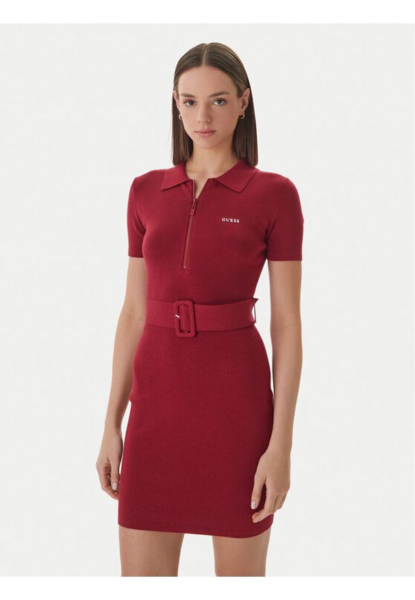 Guess Sukienka dzianinowa V6RK08 Z4642 Bordowy Slim Fit. Kolor: czerwony. Materiał: wiskoza