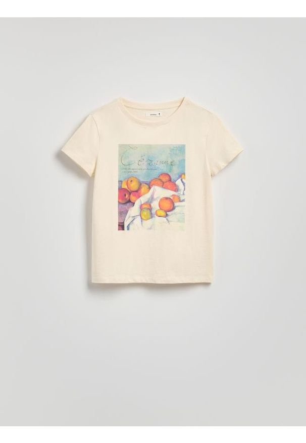 Reserved - Bawełniany t-shirt z nadrukiem - beżowy. Kolor: beżowy. Materiał: bawełna. Wzór: nadruk