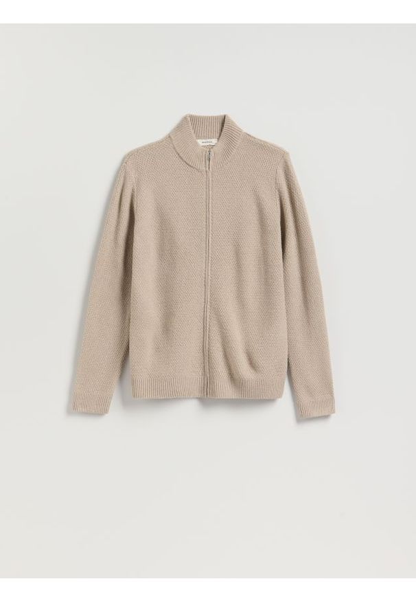 Reserved - Rozpinany sweter ze stójką - beżowy. Typ kołnierza: kołnierzyk stójkowy. Kolor: beżowy. Materiał: dzianina