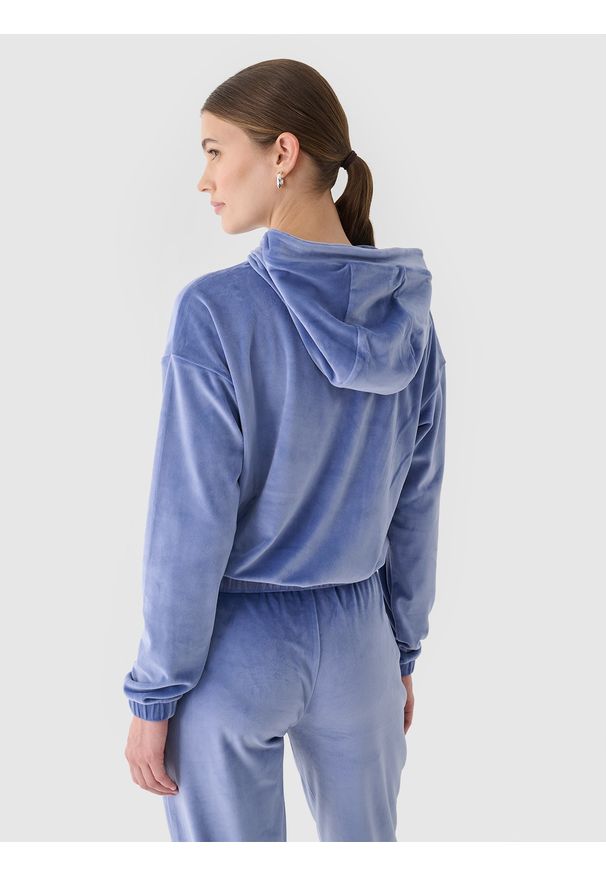 4f - 4F Bluza dresowa z weluru nierozpinana z kapturem damska - granatowa S. Okazja: na co dzień. Typ kołnierza: kaptur. Kolor: niebieski. Materiał: welur, dresówka. Wzór: gładki, jednolity, ze splotem. Styl: casual, sportowy
