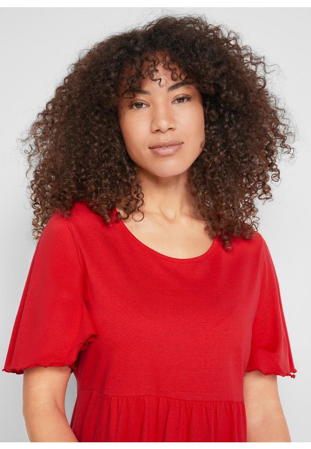 bonprix - Sukienka z dżerseju z czystej bawełny. Typ kołnierza: dekolt w serek. Kolor: czerwony. Materiał: jersey, bawełna. Wzór: gładki. Długość: midi