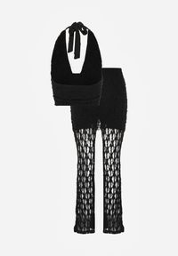 Renee - Czarny Komplet z Koronki Top Halter i Spodnie Zdobione Wszytą Spódnicą Celanix. Kolor: czarny. Materiał: koronka. Wzór: aplikacja, koronka #2